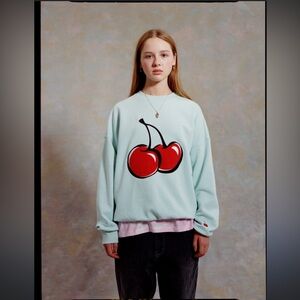 KIRSH Big Cherry Streetwear Oversized Mint Green Sweatshirt, S/M